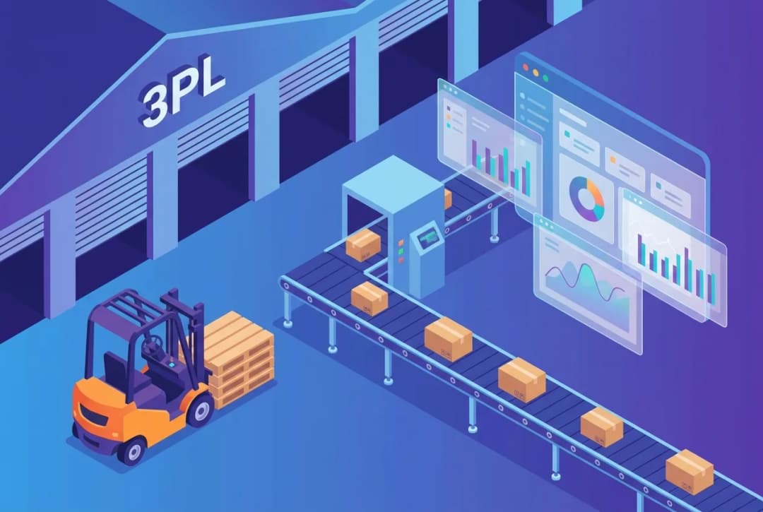 different warehouse activities - forklift, someone carrying a box, a truck, reporting, schedules