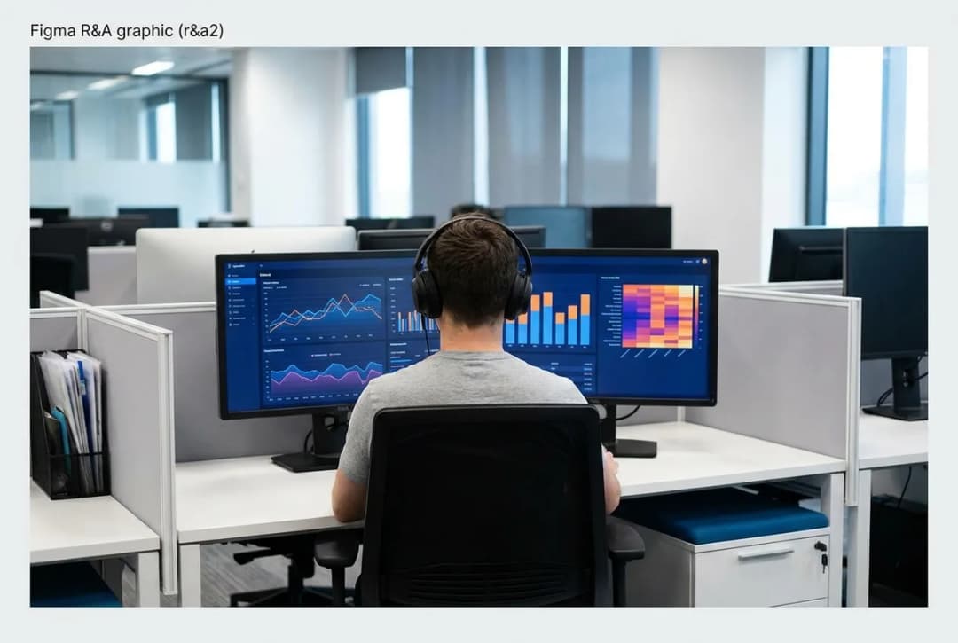 man at a desk looking at reports on his computer