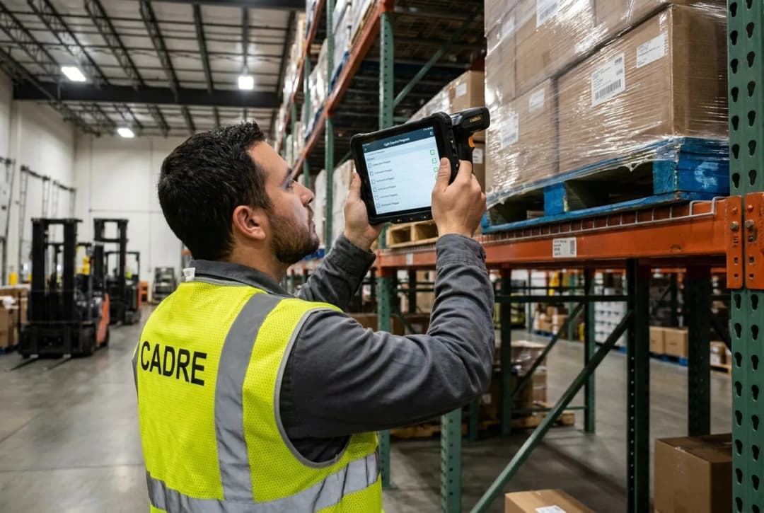 warehouse worker doing a cycle count of inventory, holding a tablet while looking at a box