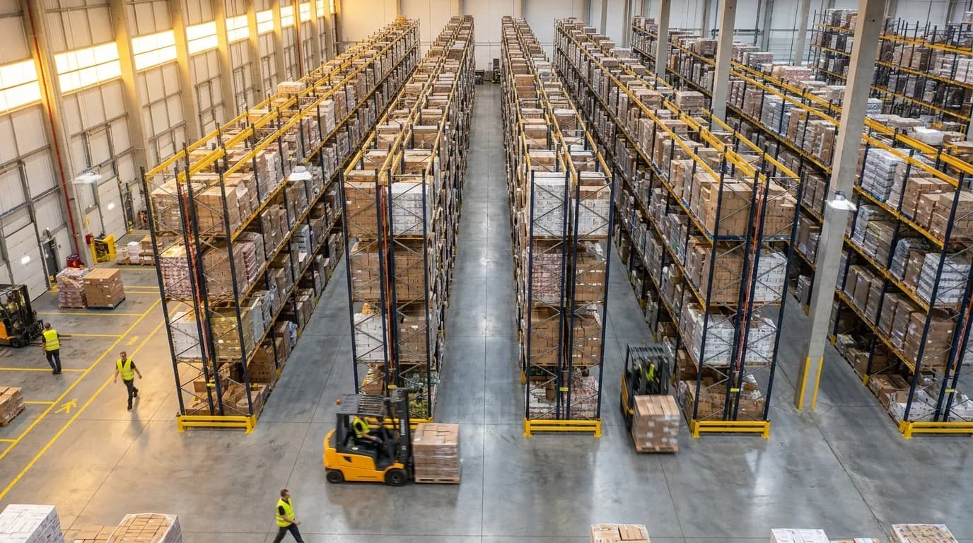 Aerial view of finished goods warehouse process and fulfillment services