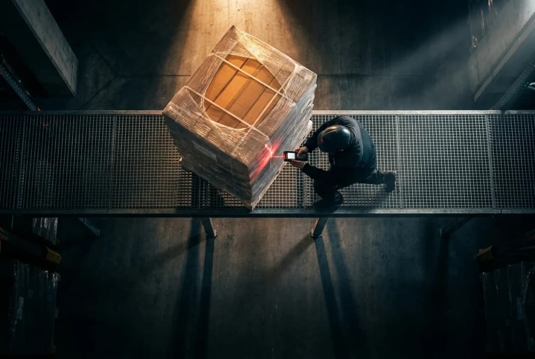 Warehouse worker in safety vest scanning package in industrial storage facility