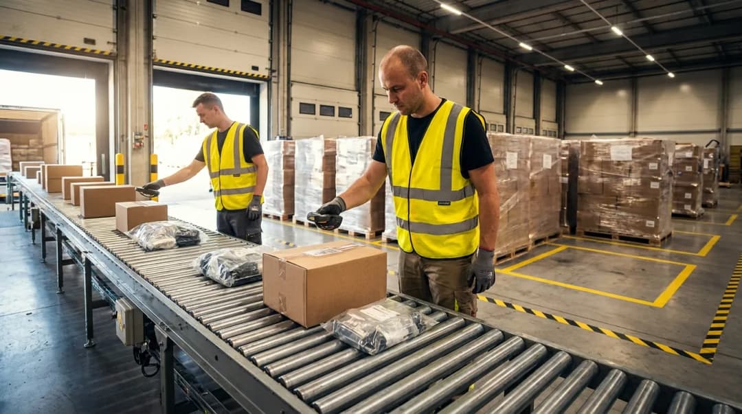 Warehouse kitting and assembly receiving dock with conveyor scanning