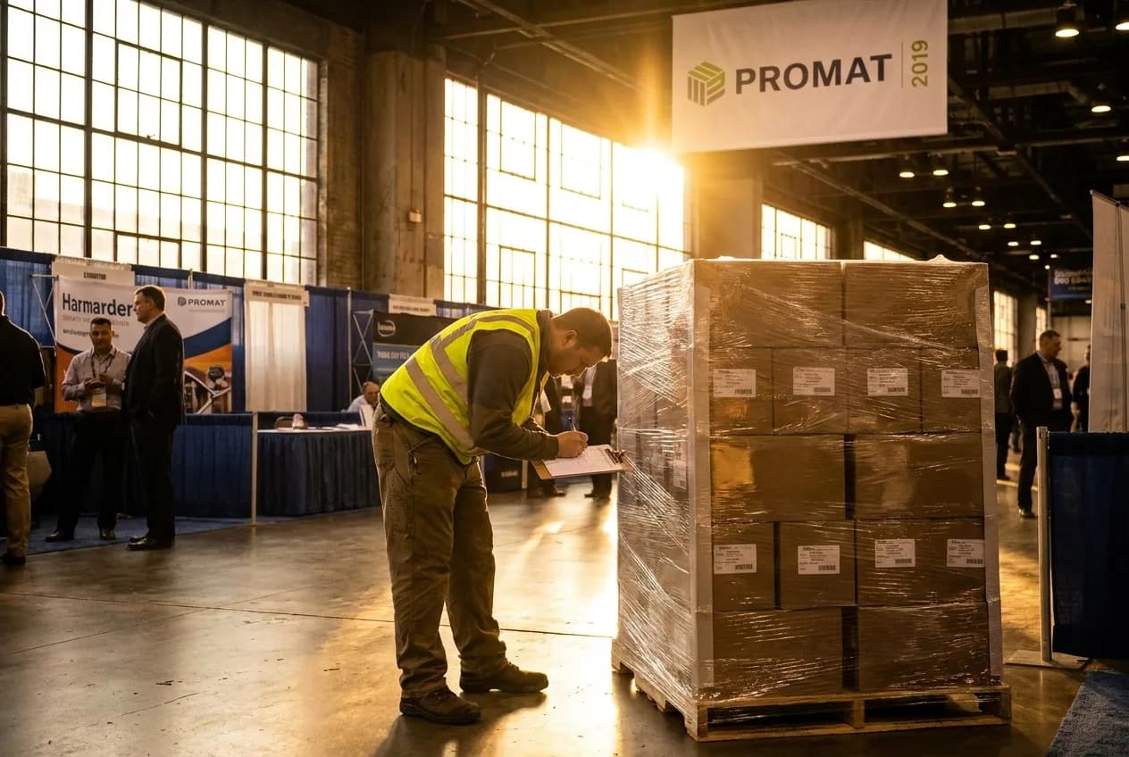 Warehouse worker with clipboard managing inventory among stacked boxes and packages