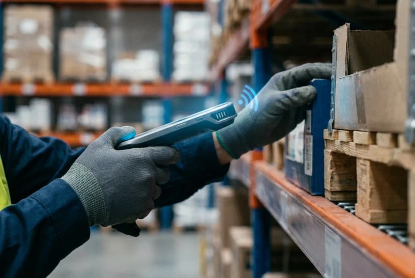 Warehouse worker scanning a shelf tag with a wireless handheld scanner device