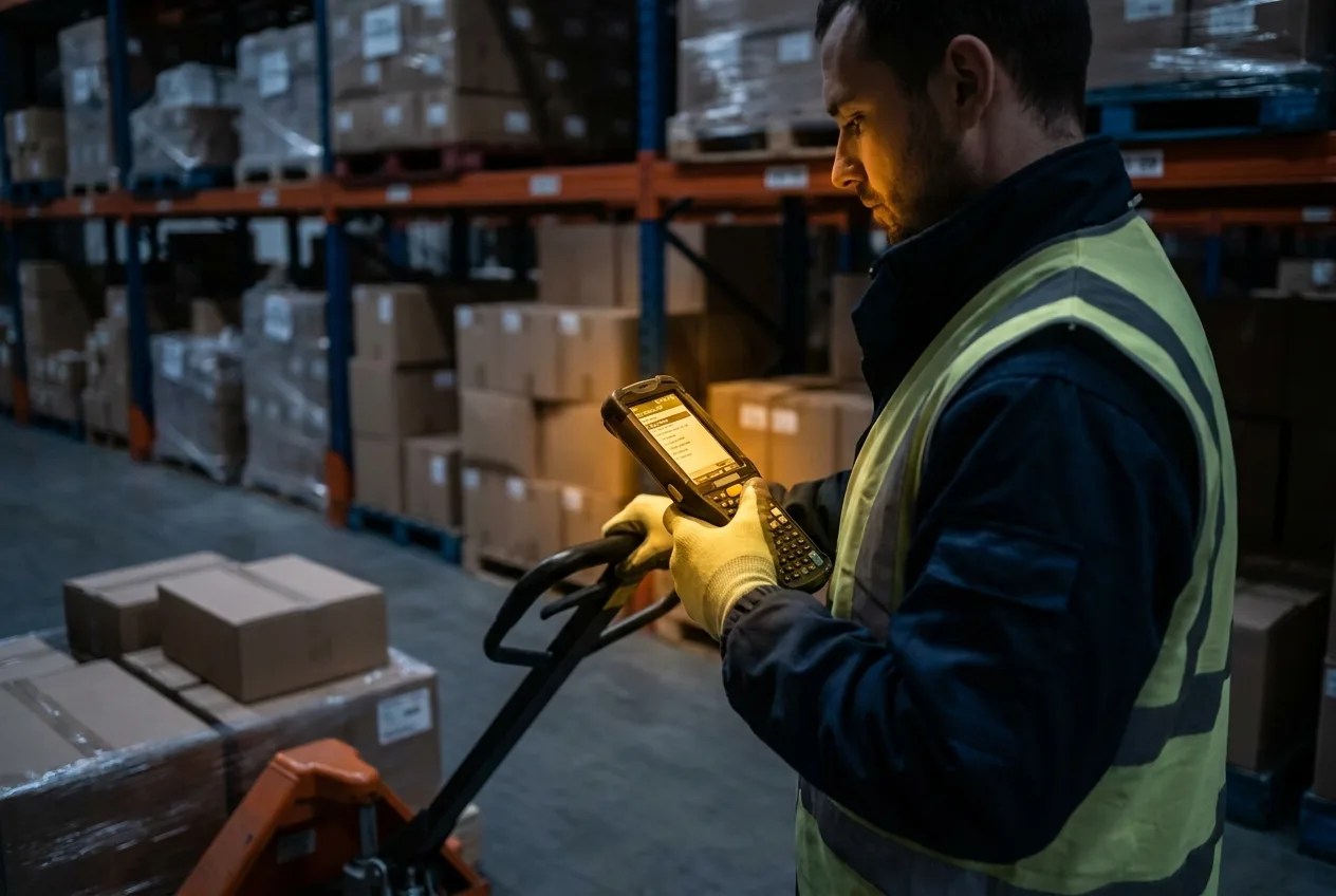 Warehouse worker using pallet jack to move boxes in shipping facility