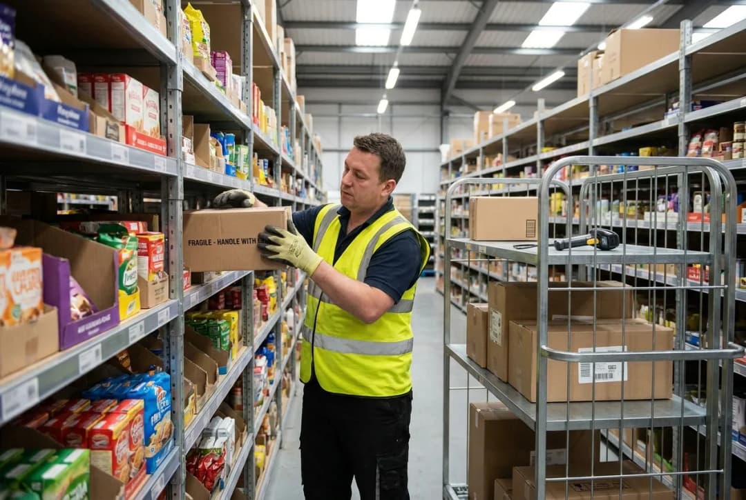 warehouse worker replenishing inventory by putting a box of product on the shelf