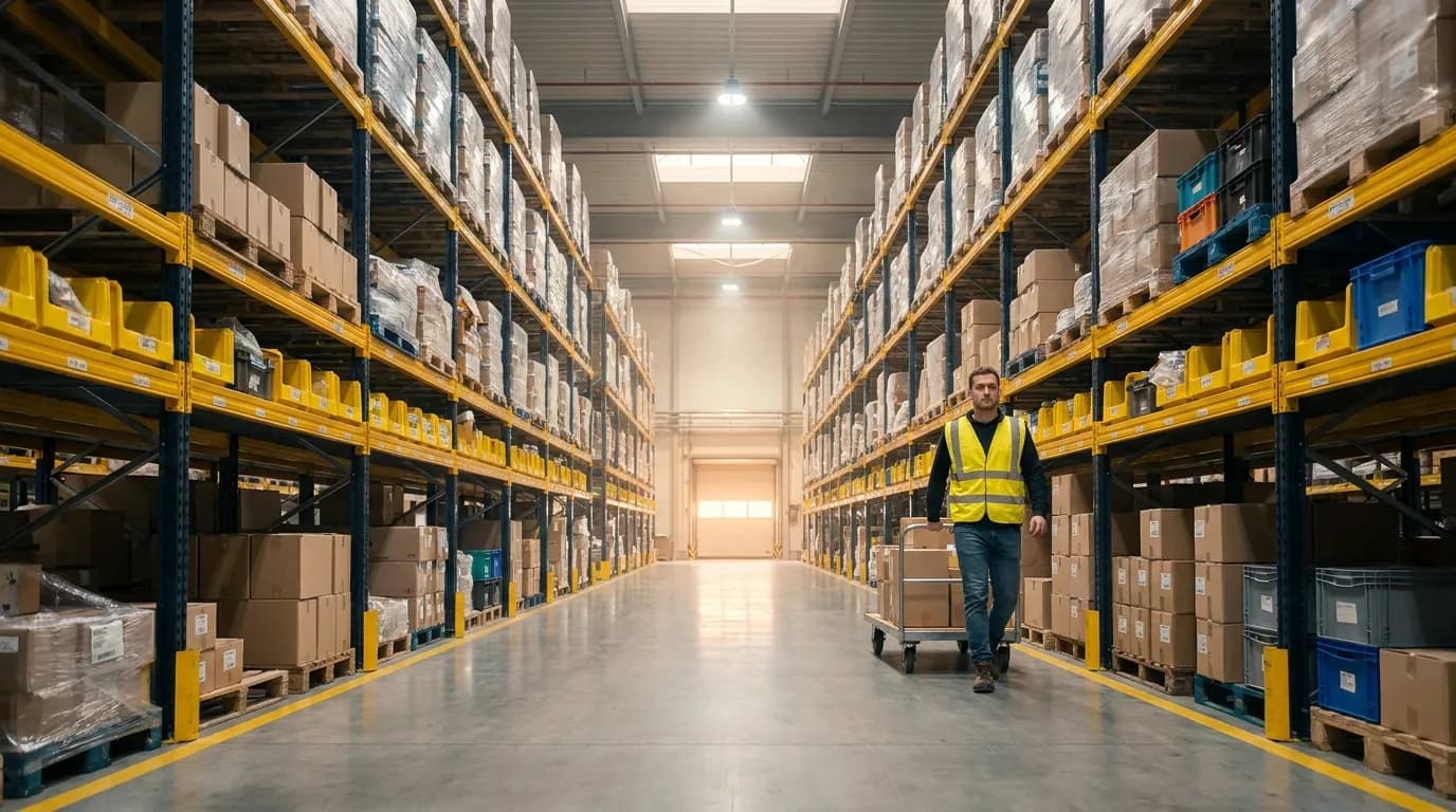 Contract warehousing, private warehouse aisle with worker pushing cart