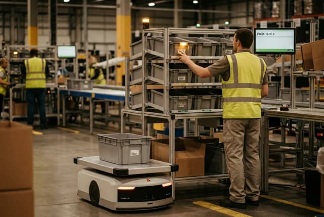Automated warehouse with robotic AGV delivering boxes between storage shelves
