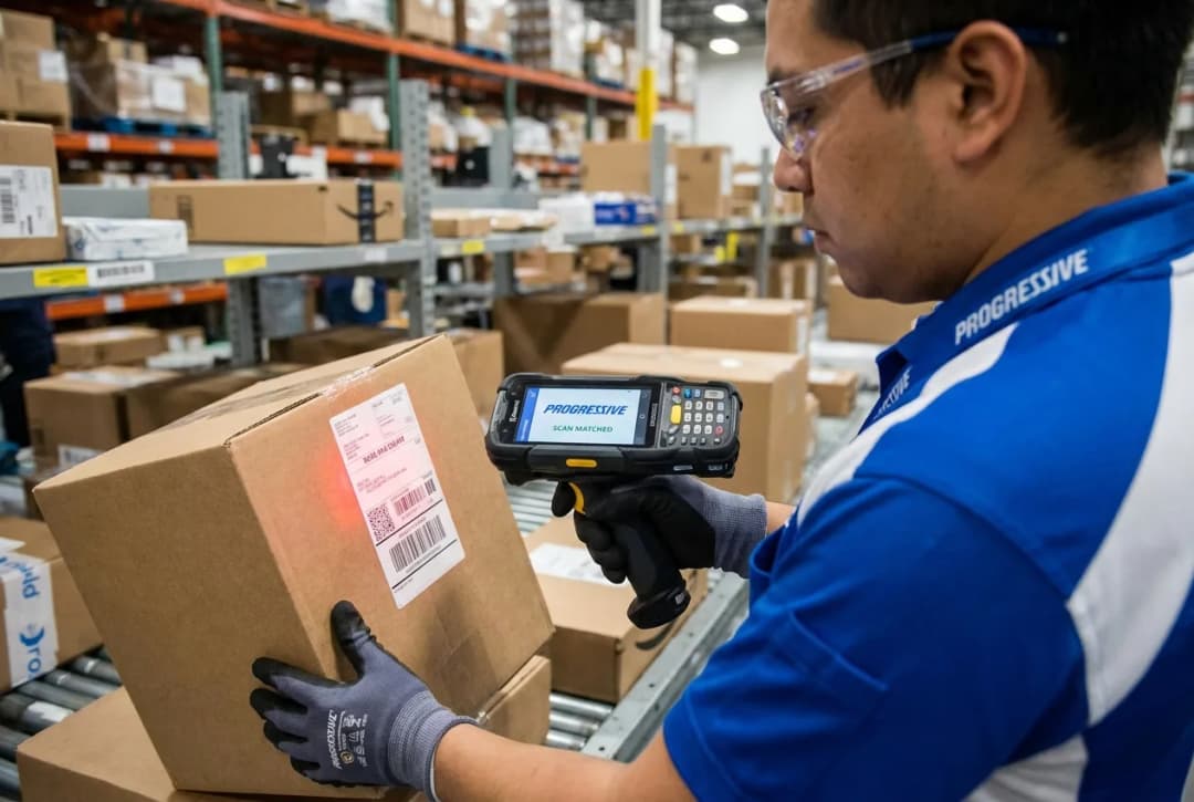 Warehouse worker scanning barcode on boxes with handheld scanner device