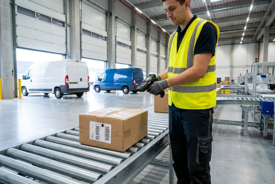 showing warehouse actions: trucks, warehouses, shelving, forklift