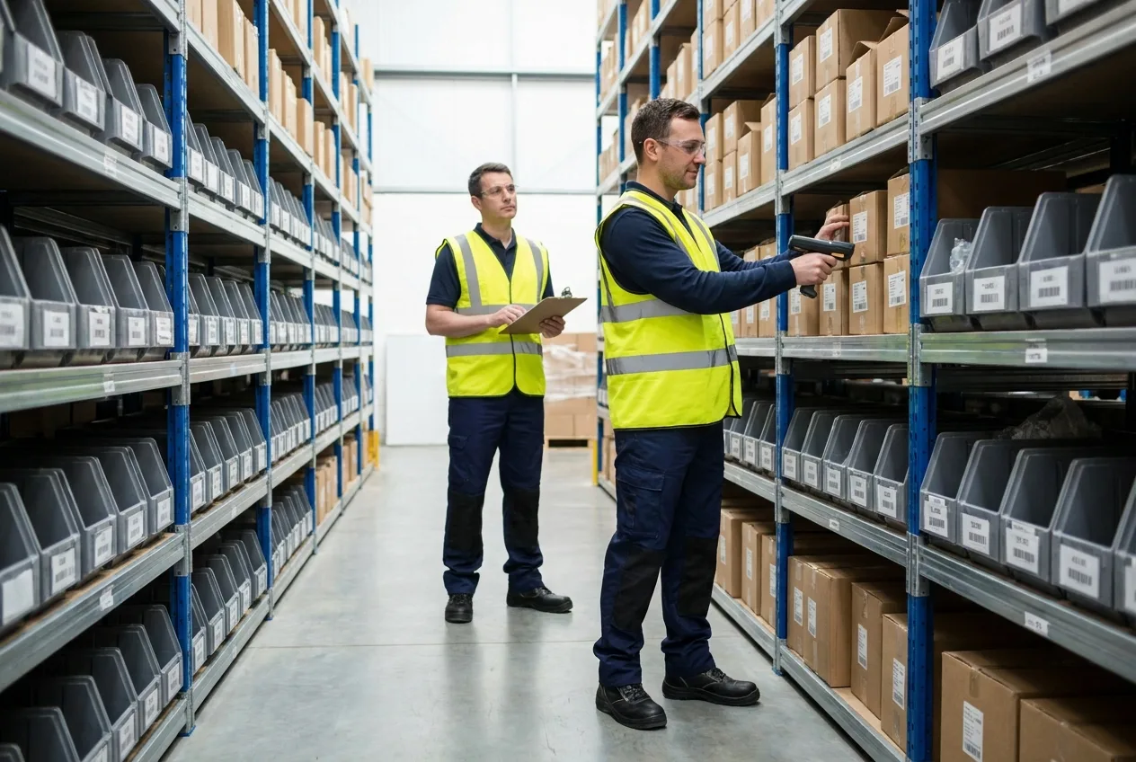 Two warehouse workers in safety gear reviewing documents near forklift in distribution center