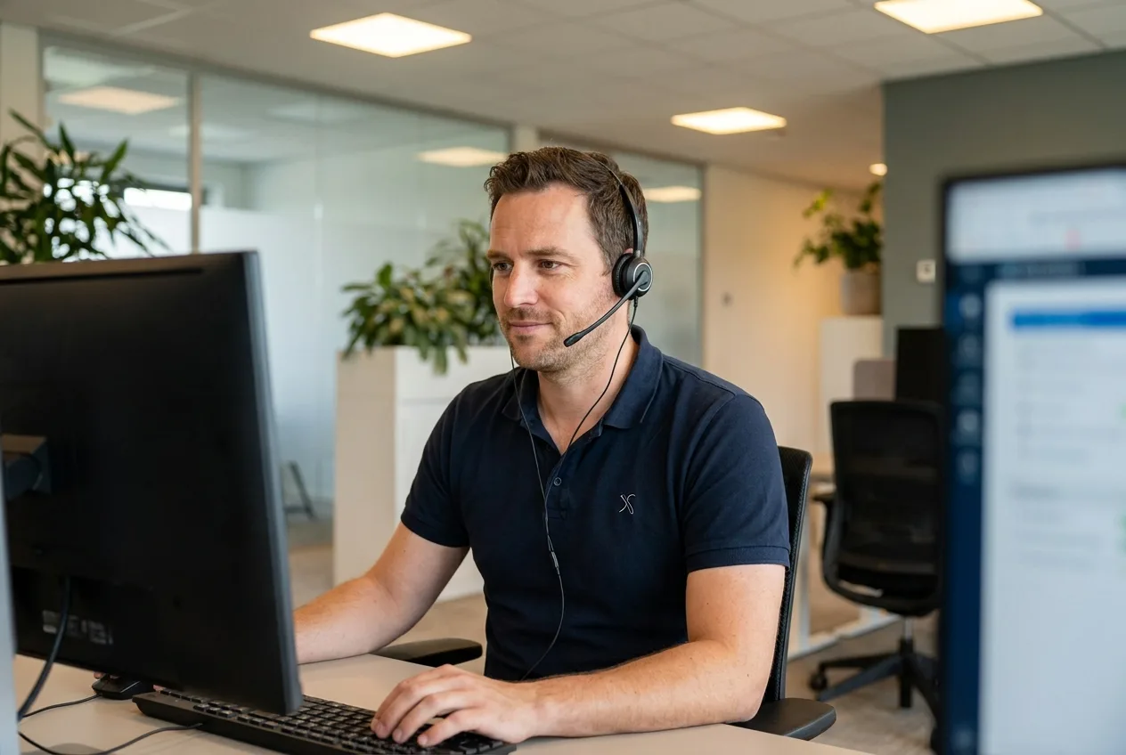 Smiling man with headset and glasses working at computer in modern office