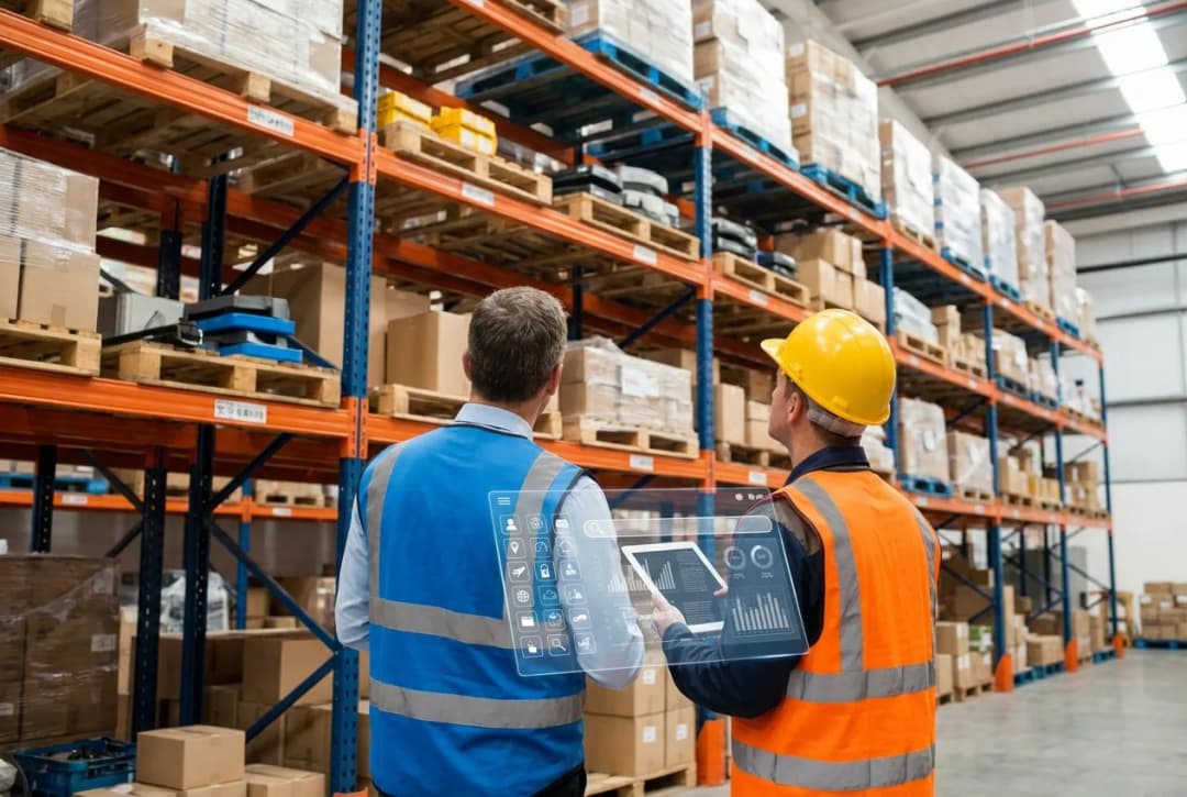 Two warehouse workers in safety gear inspecting inventory on industrial shelving
