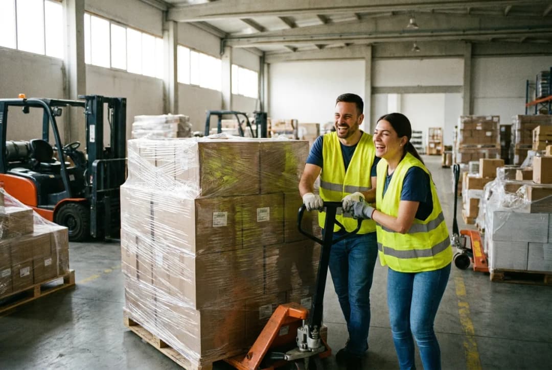 Two warehouse workers in safety gear operating pallet truck with stacked boxes