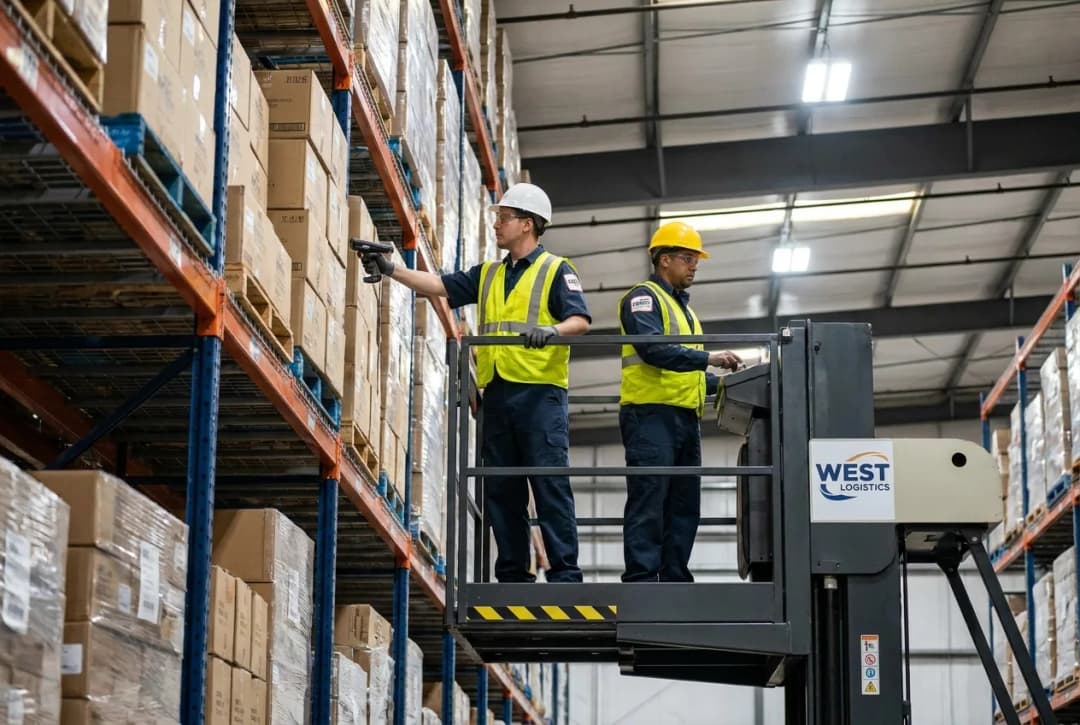 Two warehouse workers in safety gear scanning packages from yellow lift platform