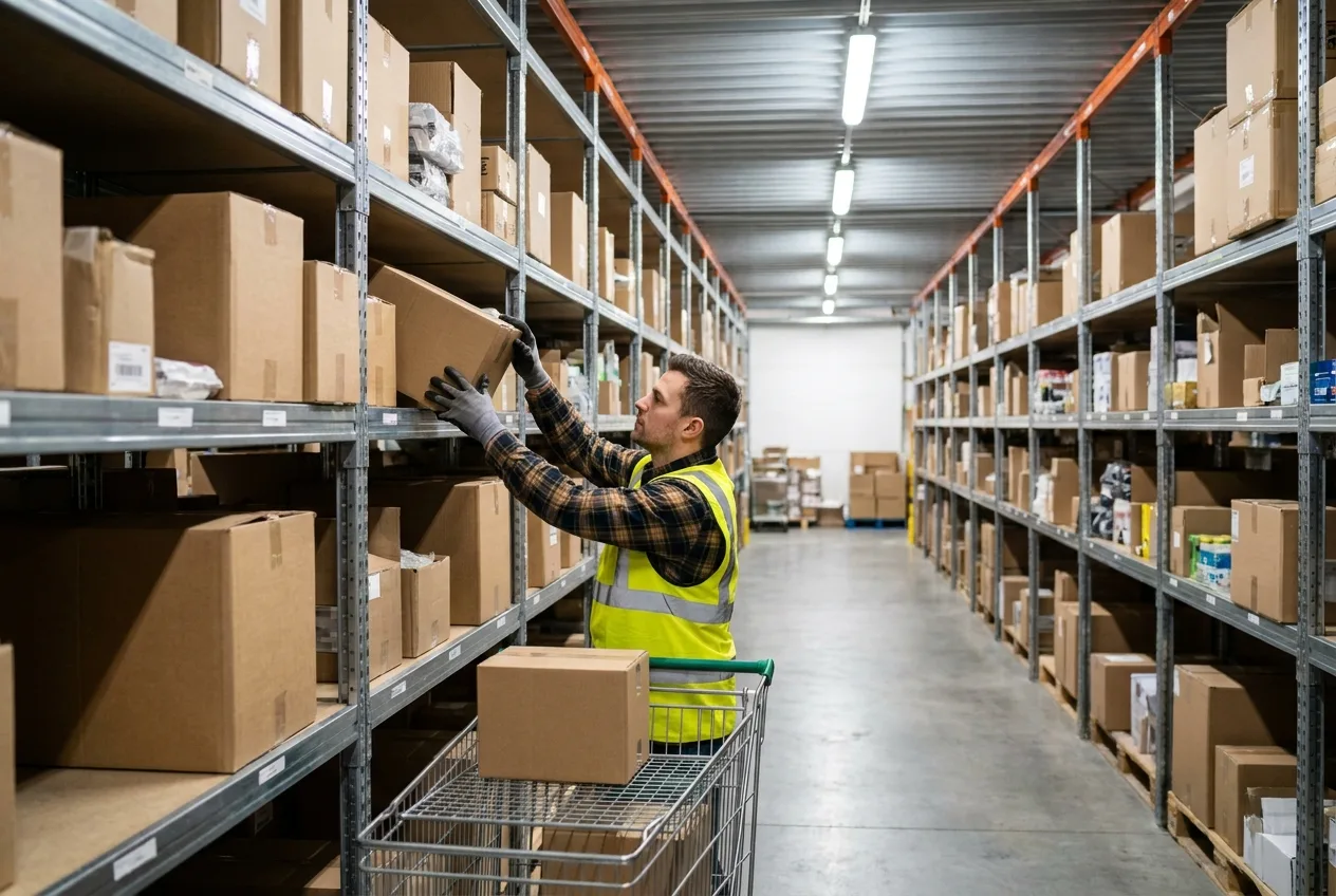 Warehouse worker in hi-vis vest picking boxes from shelving aisle with a pick cart