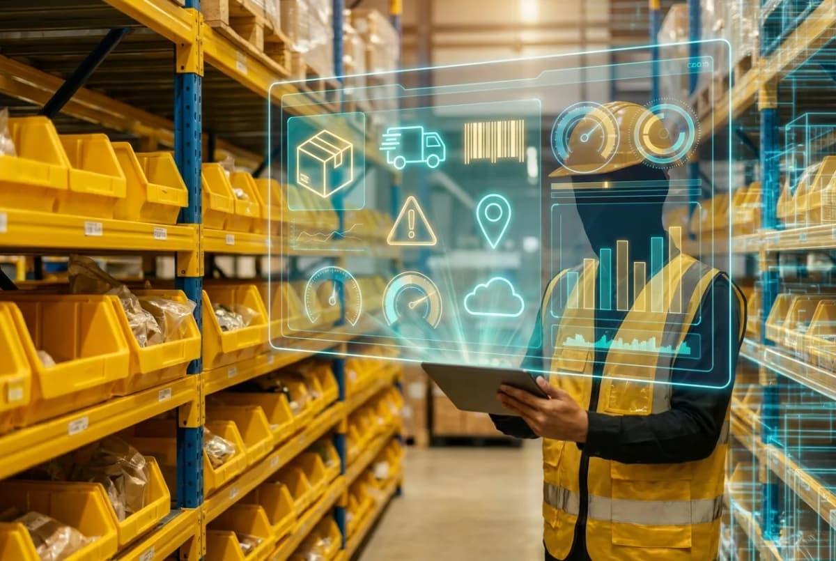 Large warehouse interior with yellow storage shelves and organized cardboard boxes