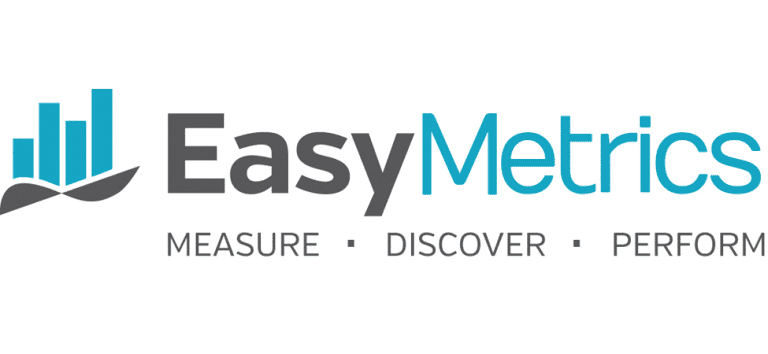 EasyMetrics logo with blue bar chart icon and tagline "Measure Discover Perform