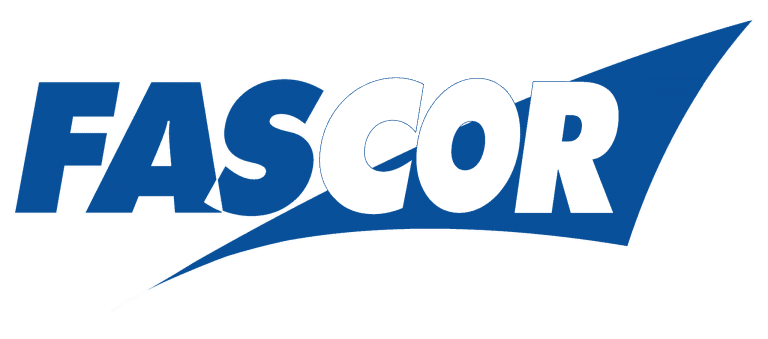 Fascor company logo in blue and white lettering with dynamic arrow design