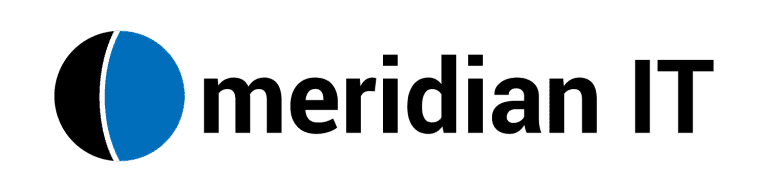 Meridian IT company logo with blue and black circular icon