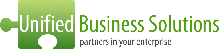 Unified Business Solutions logo with green puzzle piece design and tagline