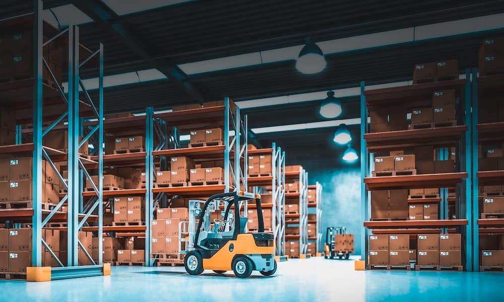Modern warehouse interior with forklift, storage shelves, and stacked cardboard boxes