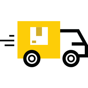 Yellow delivery truck icon with motion lines and cardboard box symbol