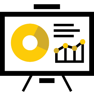 Analytics dashboard icon showing pie chart and bar graph on presentation screen