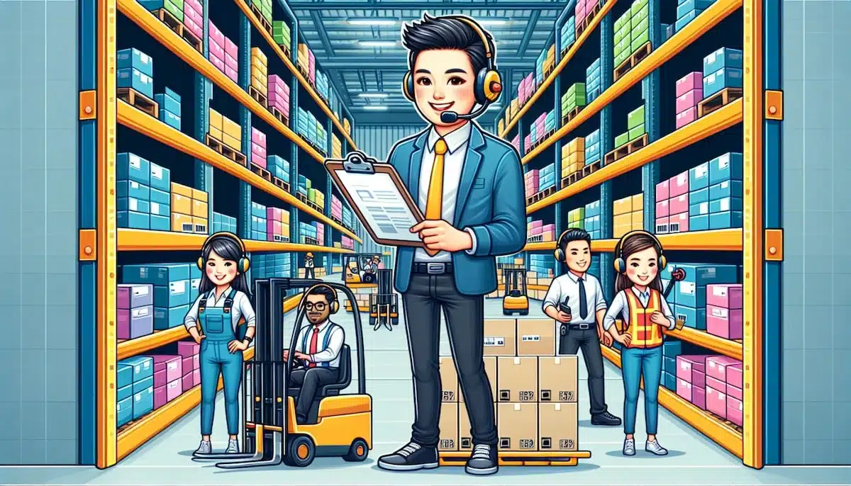 Warehouse manager with headset overseeing diverse team of workers in modern distribution center