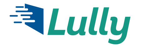 Blue geometric logo with horizontal lines and green "Lully" text for AI company