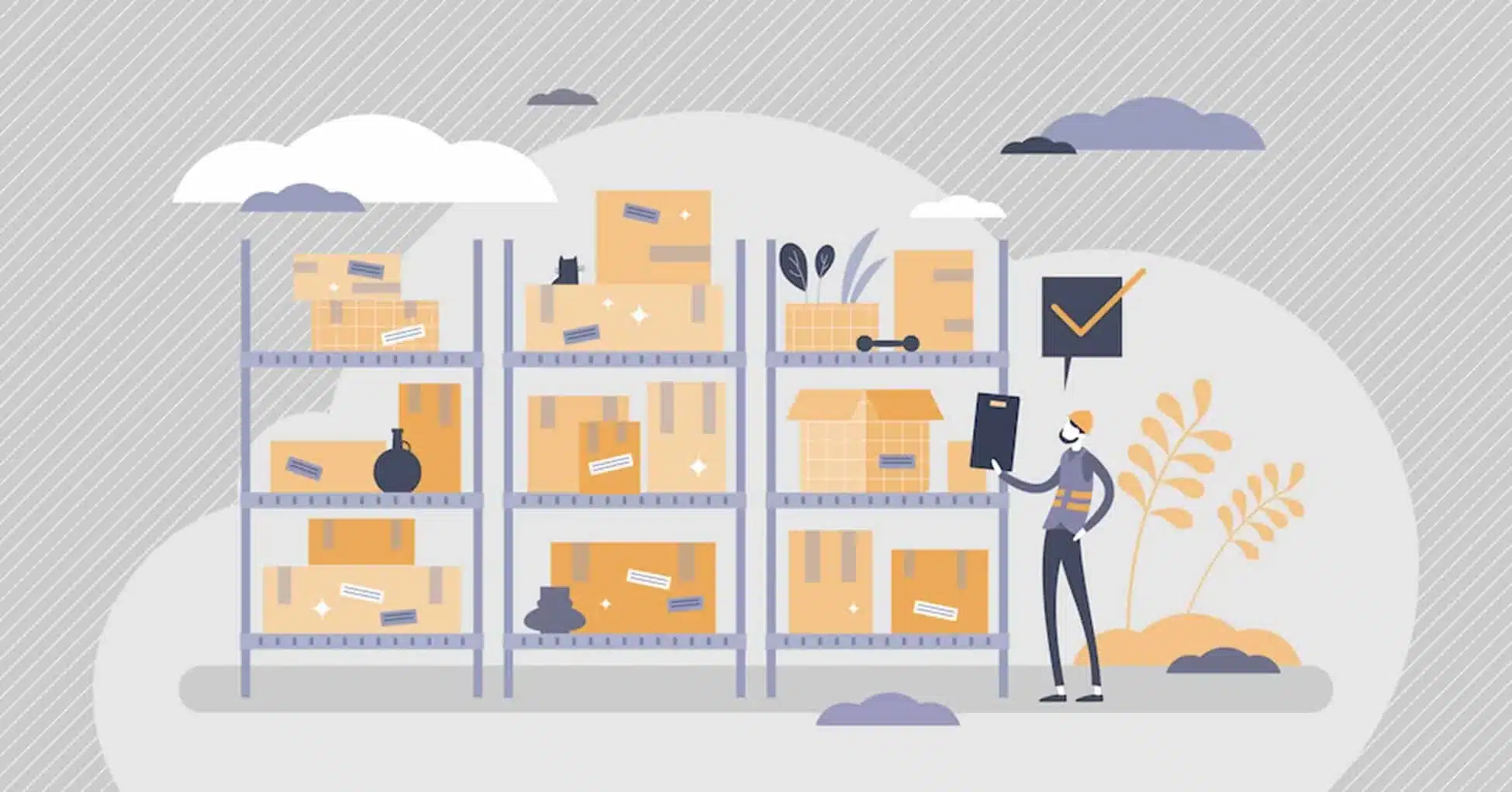 Inventory Management - warehouse shelves and man with clipboard