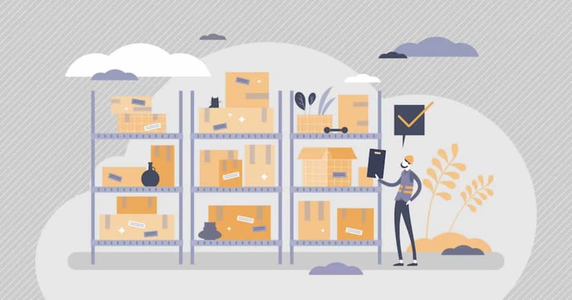 Inventory Management - warehouse shelves and man with clipboard