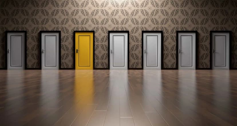 Seven doors in hallway with one yellow door representing business software choice decisions