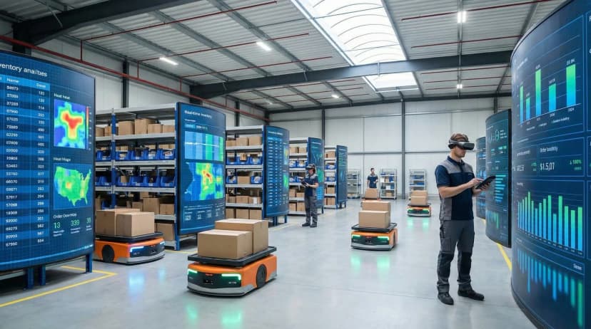 Robotic carts and workers manage inventory in a bustling on-demand warehousing facility with glowing digital displays.