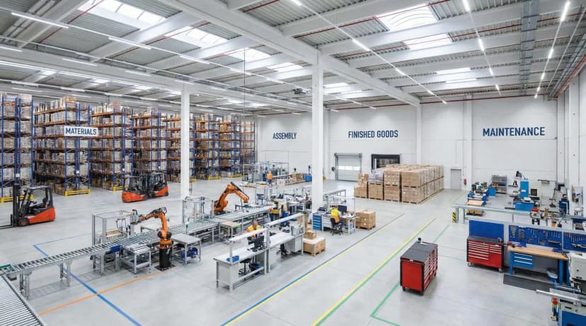 Wide warehouse interior segmented into zones for materials, assembly, finished goods, and maintenance tools.