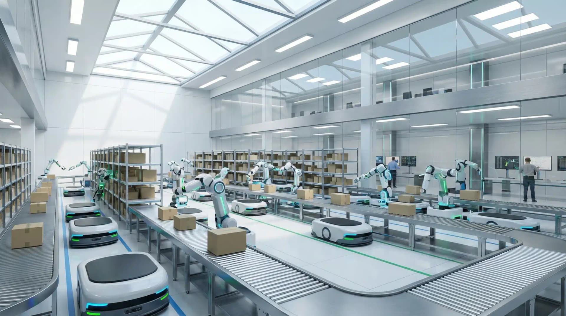 Autonomous robots and AI robotic arms sorting packages in a futuristic order fulfillment warehouse.