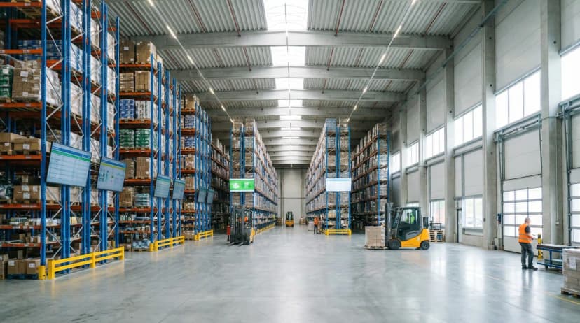 Large warehouse with blue pallet racking systems storing inventory for just-in-time management