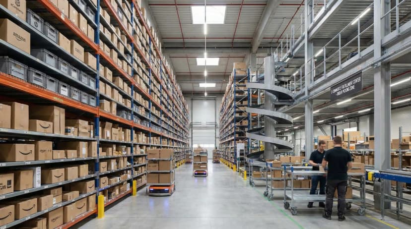 Modern warehouse with multi-level shelving systems storing eCommerce inventory for order picking