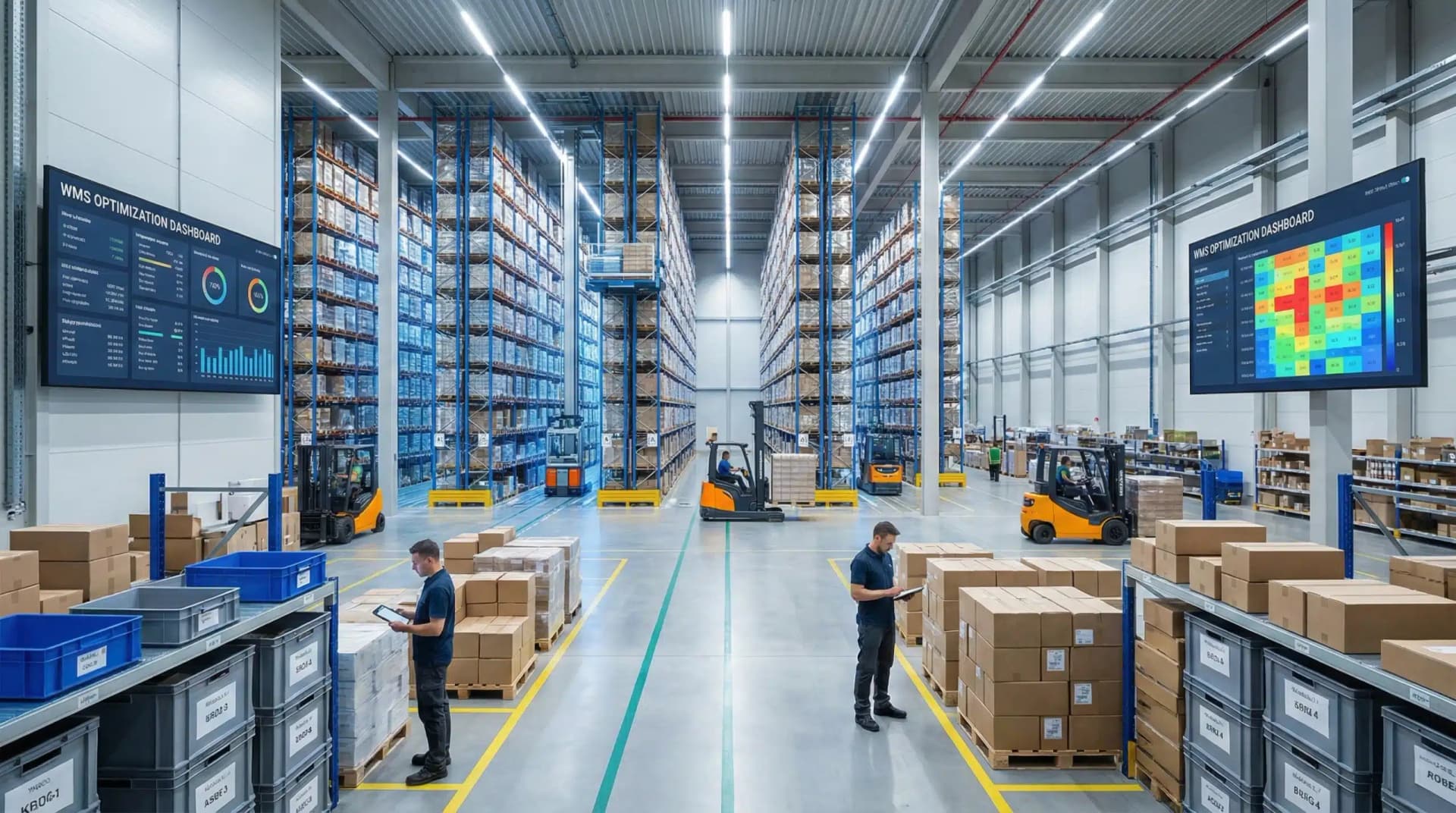 Modern warehouse with organized inventory shelves and WMS-optimized storage systems
