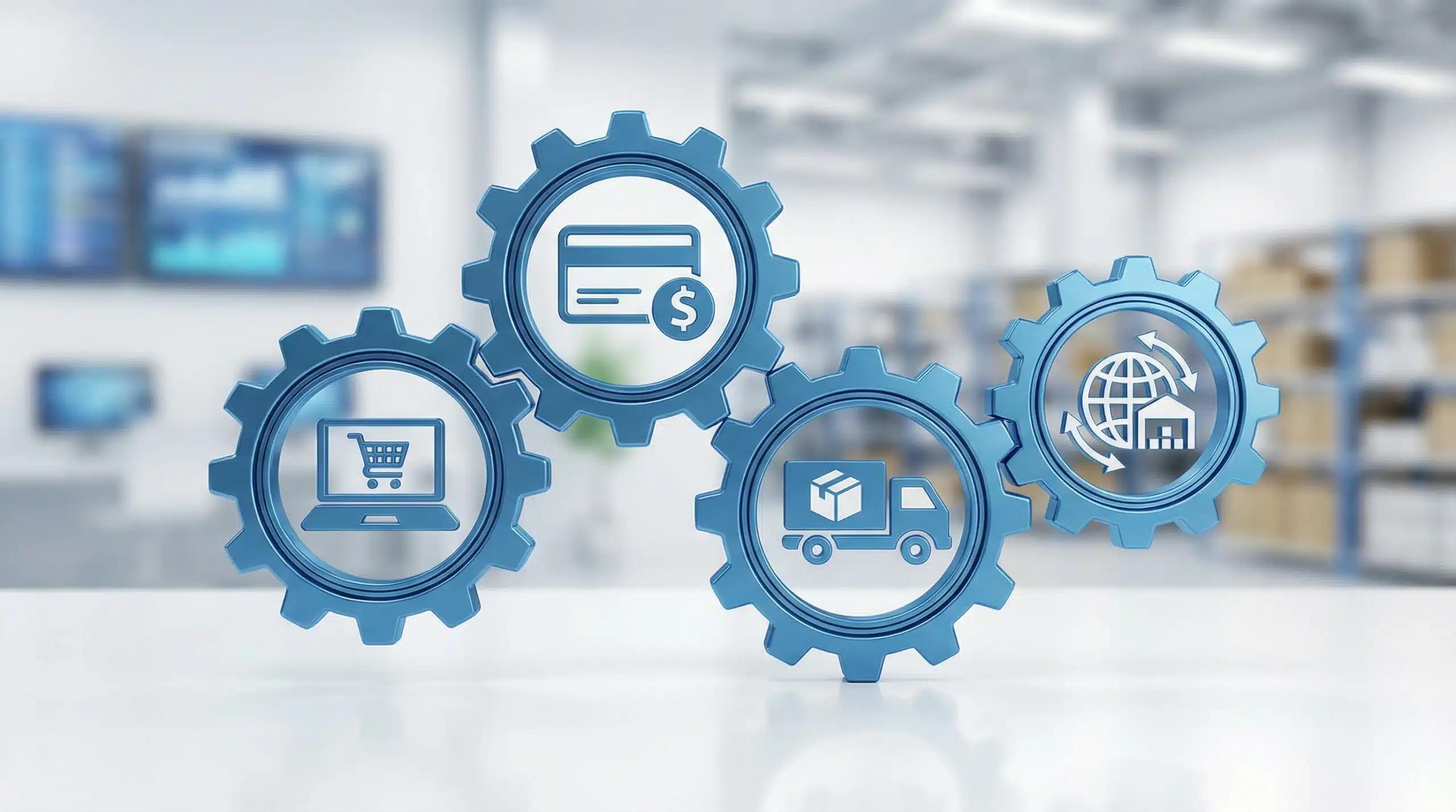 Blue gear icons representing ecommerce supply chain components including laptop, payment, shipping and logistics