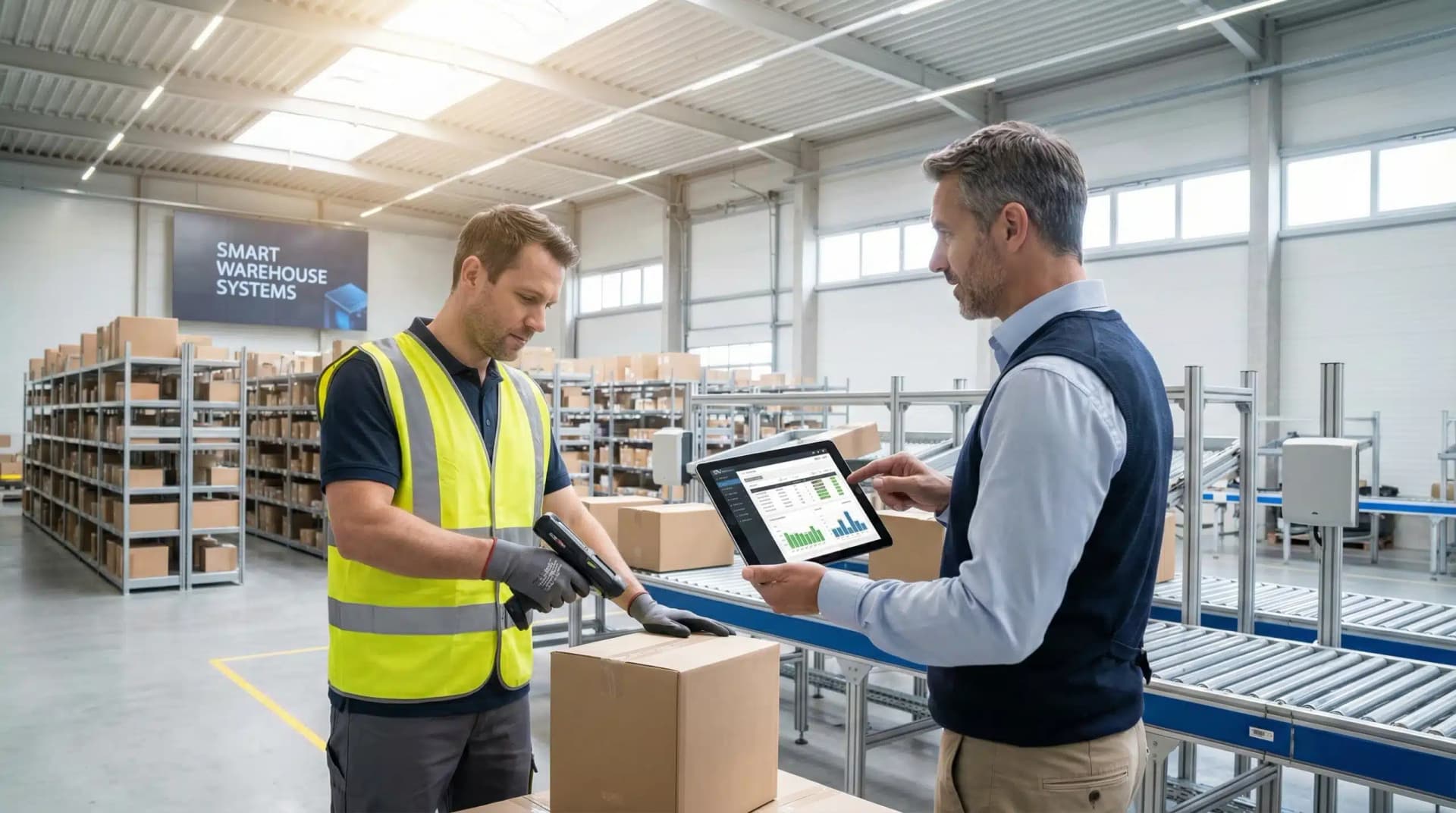 Warehouse worker using RF scanner while manager reviews RFID inventory data on tablet