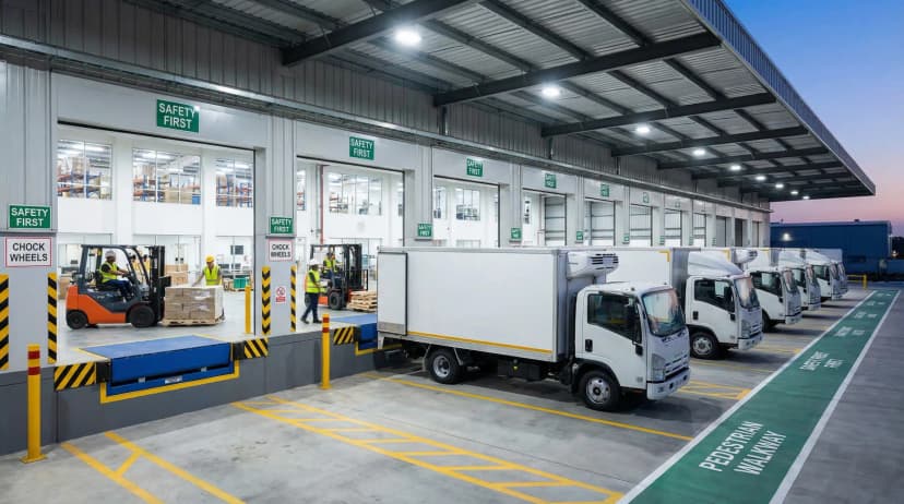 Safe warehouse loading dock with organized trucks and safety equipment