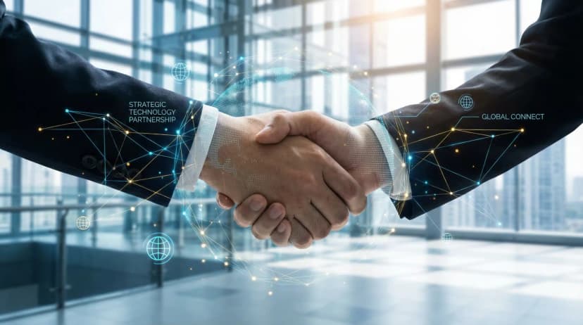 Business handshake with digital network overlay representing strategic technology partnership