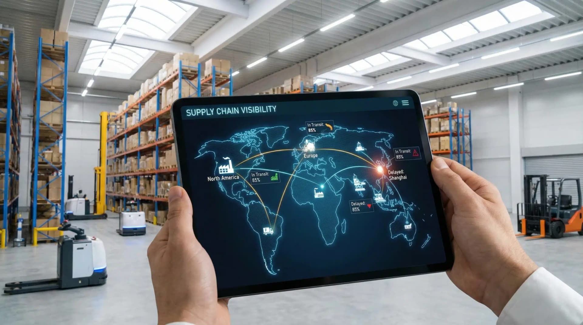 Tablet in warehouse showing supply chain visibility across regions