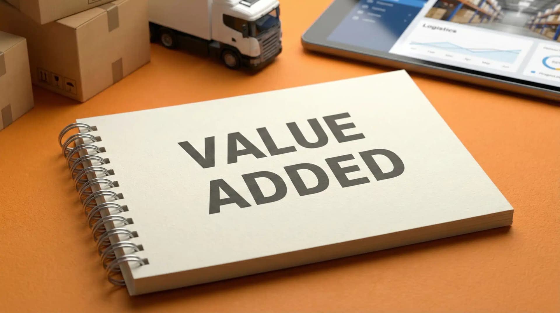 Spiral notebook displaying "VALUE ADDED" text on orange background for 3PL services