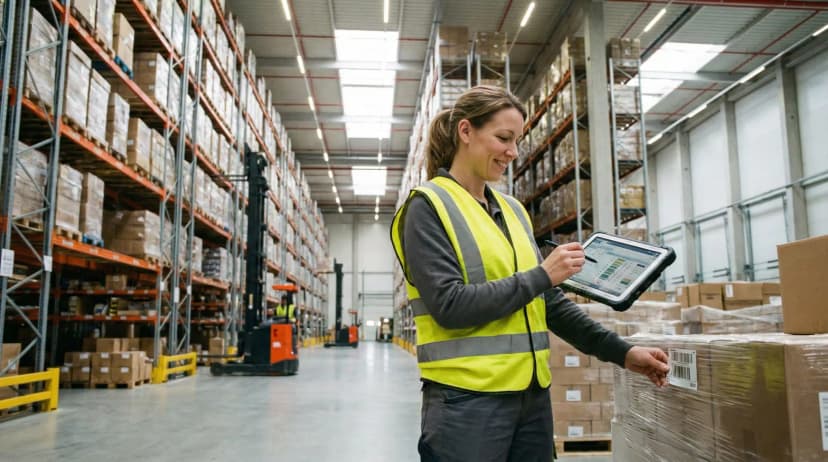 Warehouse worker in safety vest using tablet for inventory management in storage facility