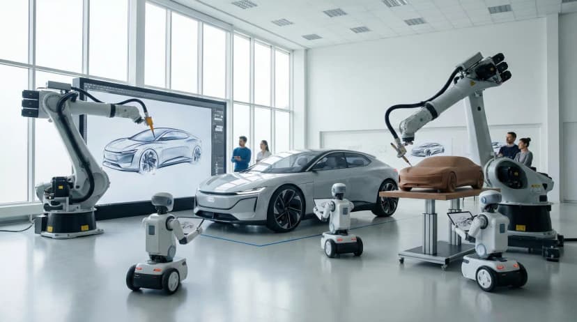 Robotic arms and AI robots in modern automotive design studio with concept car