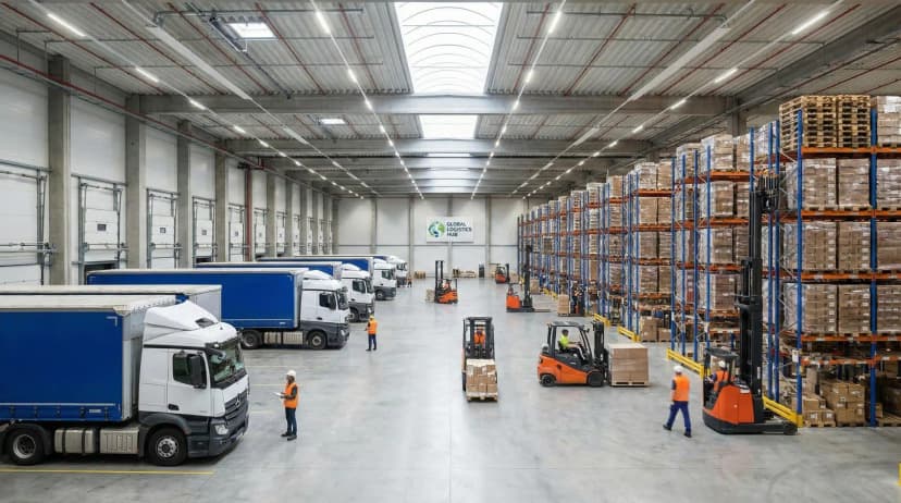 showing warehouse actions: trucks, warehouses, shelving, forklift