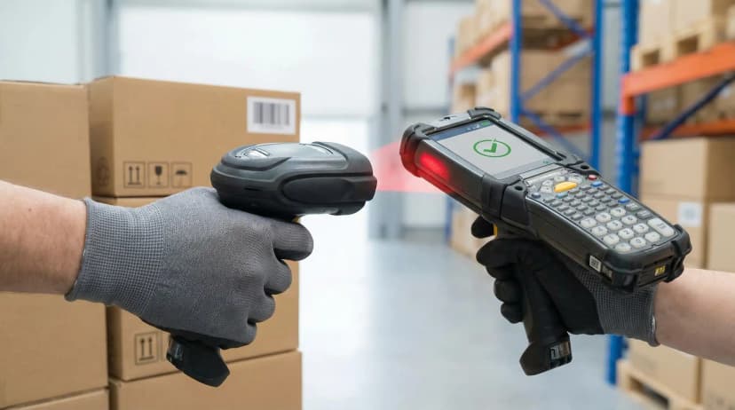 illustration of hand holding rugged barcode scanner near boxes