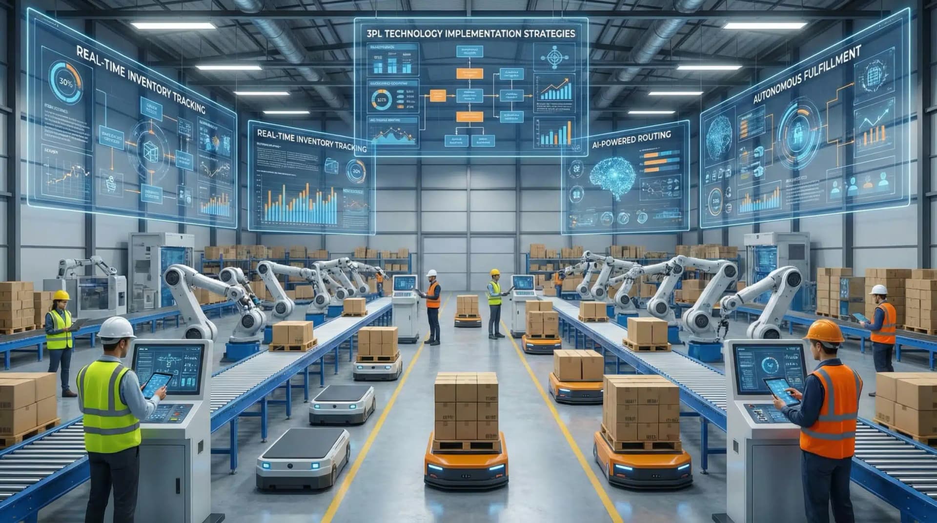 Modern automated warehouse with digital interfaces showcasing 3PL technology implementation strategies